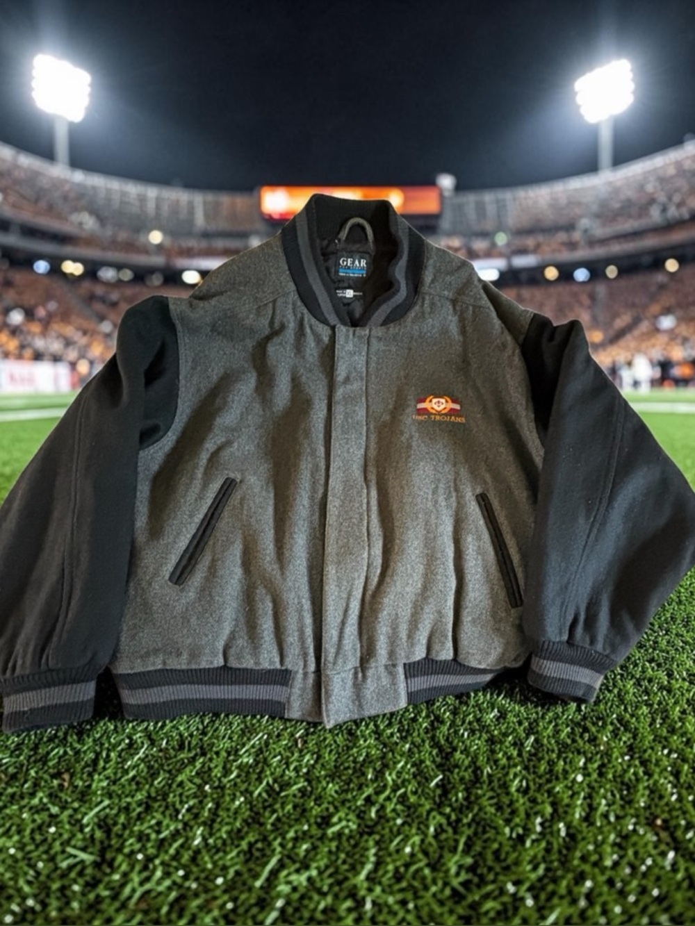Vintage Gear Sport USC Trojans Varsity Letterman Bomber Wool Jacket Men XL Gray